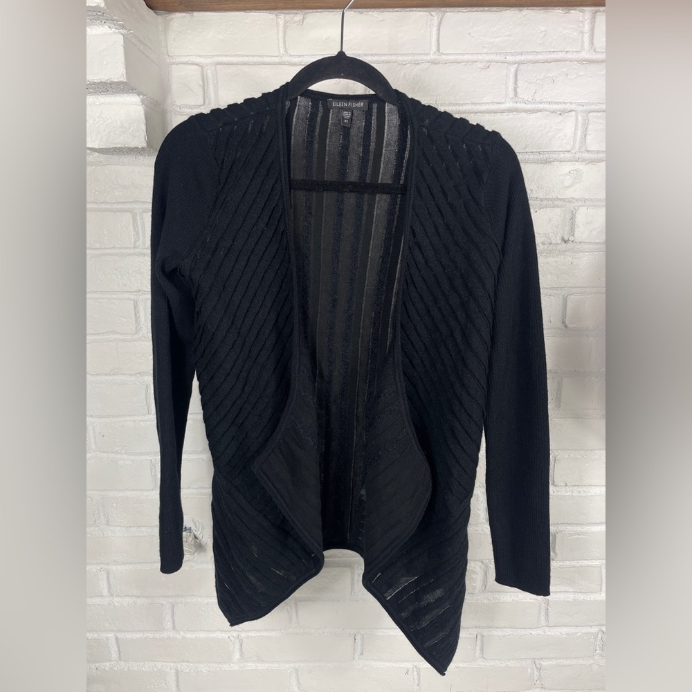 Eileen Fisher black ribbed open front cardigan XS wool mohair blend